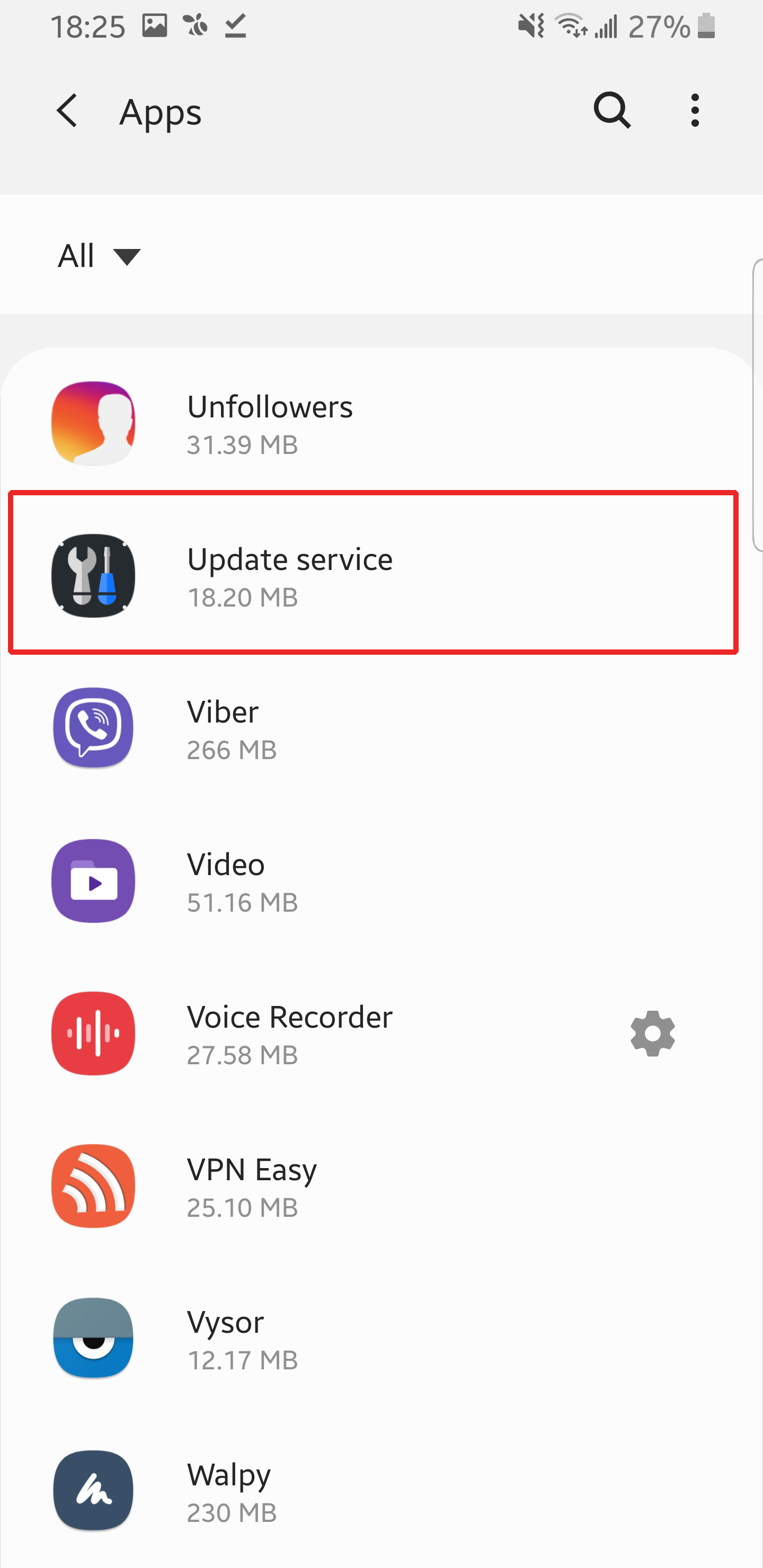 Selección de la Aplicación "Update Service" para Desinstalación